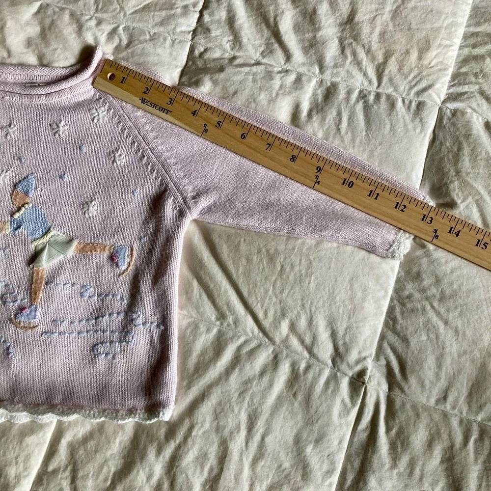 Vtg Embroidered Sweater 3D Girls Ice Skating Pink 2T Cotton Ramie Winter Snow